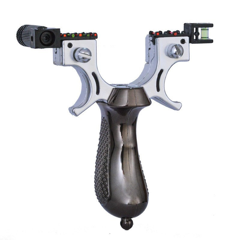 Black slingshot with a ball-tipped pommel and laser and level modules on white
