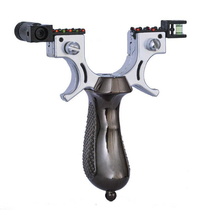 Black slingshot with a ball-tipped pommel and laser and level modules on white