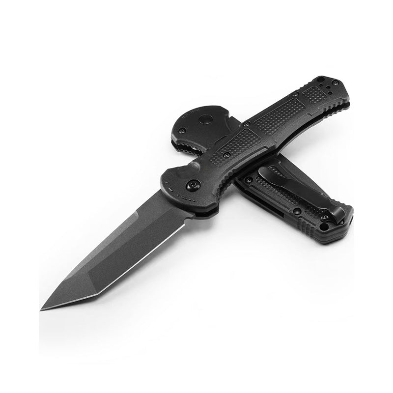 Two black tanto-style folders crossed, one open and one closed