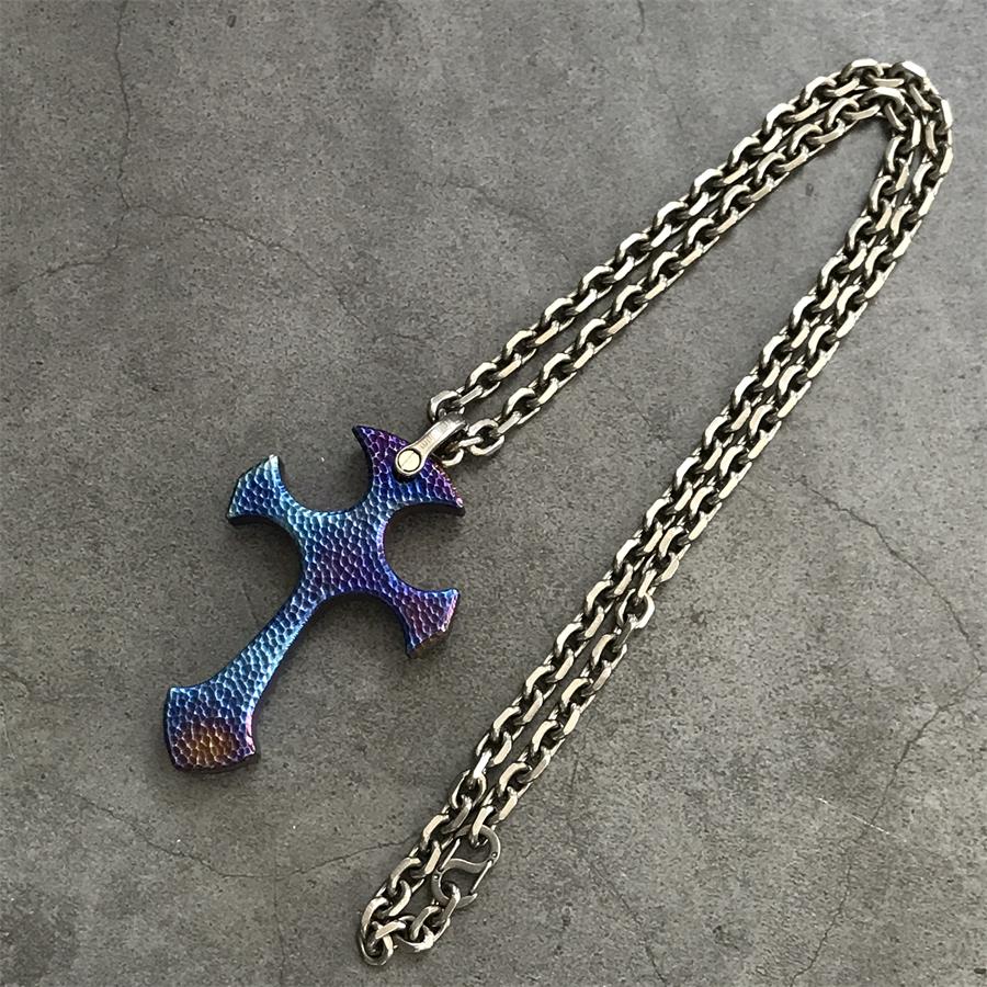 Blaze finish titanium cross necklace laid flat showing full 650 mm titanium chain