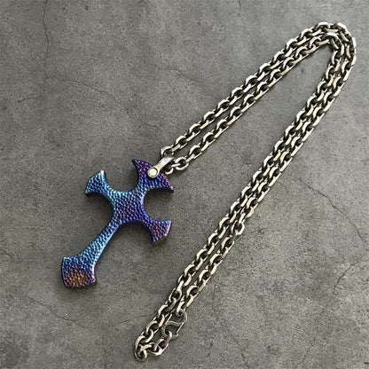 Blaze finish titanium cross necklace laid flat showing full 650 mm titanium chain