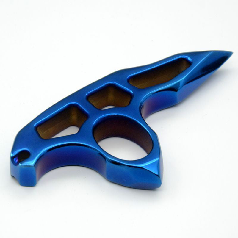 Bare blue-finish steel knuckle duster with three cutouts and a bronze-toned inner face on a white background