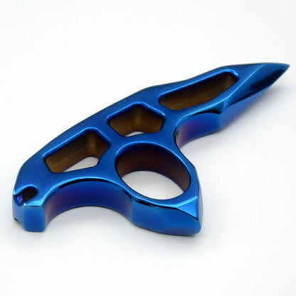 Bare blue-finish steel knuckle duster with three cutouts and a bronze-toned inner face on a white background