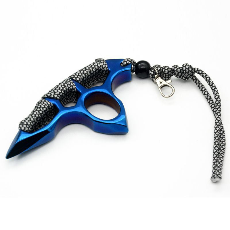 Blue steel knuckle duster with grey-black paracord wrapped around the frame and a beaded clip lanyard attached