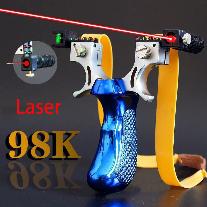 Blue slingshot with yellow flat bands drawn up and a red laser beam crossing the frame