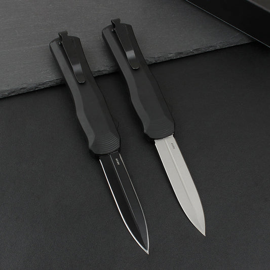 Both pocket knives closed with pocket clips on the handles and blade tips seated at the front, S30V etching visible on the blades
