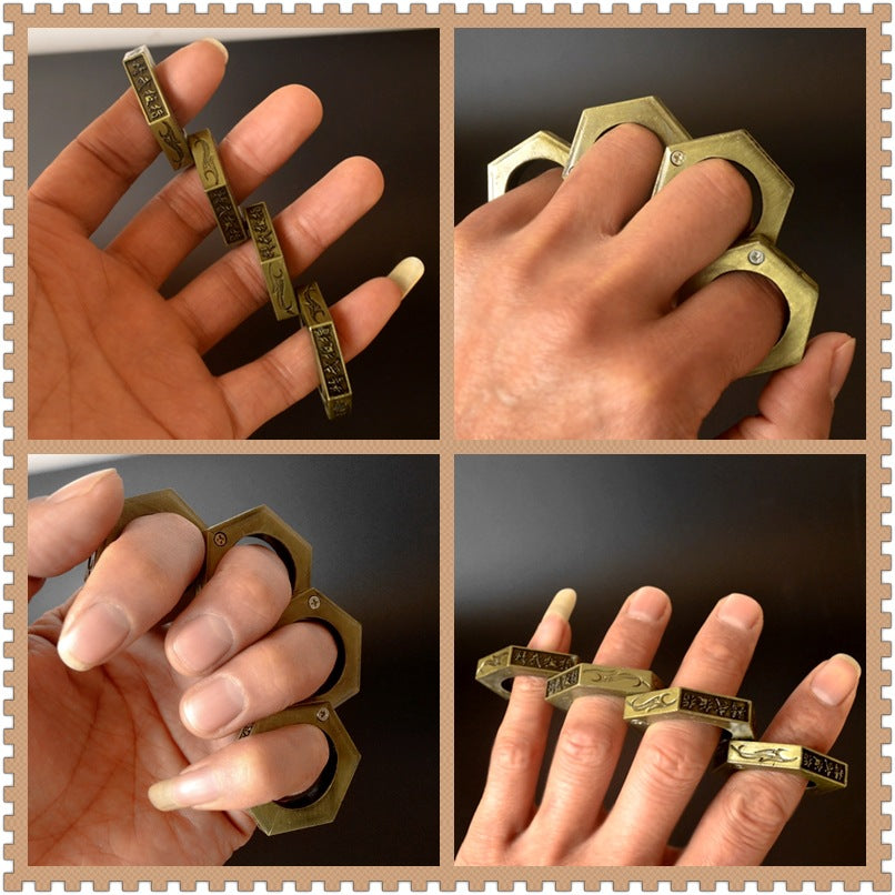 Four-panel collage of brass hexagon rings worn across the fingers and on a clenched fist from different angles