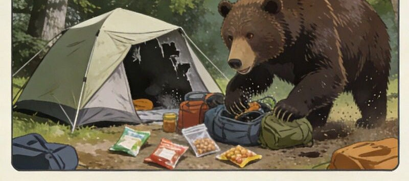 An illustrated scene of a brown bear rummaging through a campsite, with a torn tent, scattered snack packets, a cooler and packs strewn across the ground.