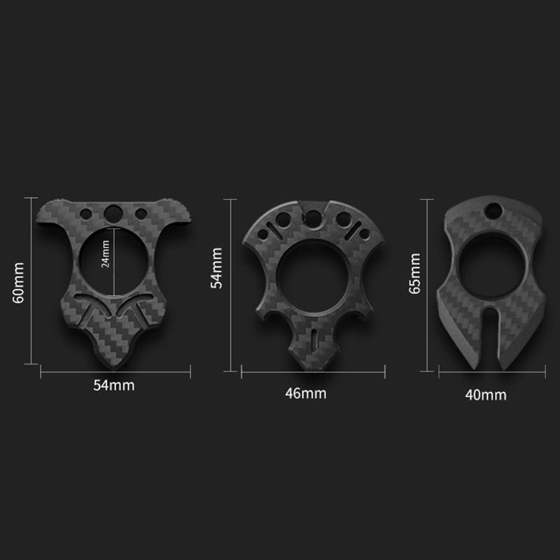Product spec graphic showing the three carbon fiber knuckle styles side by side on a black background with white dimension lines and millimetre labels.