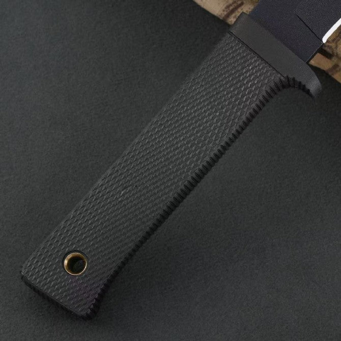 Close view of the checkered Kray-Ex handle and lanyard hole