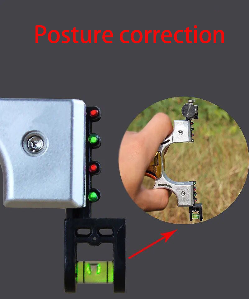 Macro view of the clamp block with red and green reference dots and the green bubble level underneath