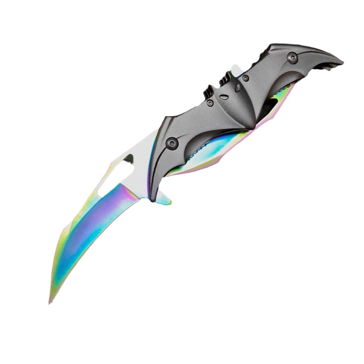 A colourful iridescent bat-shaped double folding knife shown fully open on a white background, both blades extended in rainbow tones from a black bat handle with ears, eyes and wings.