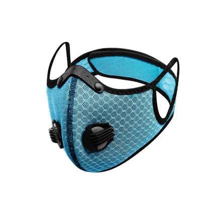Cyan blue mesh cycling mask with a black nose bridge piece and two round air valves