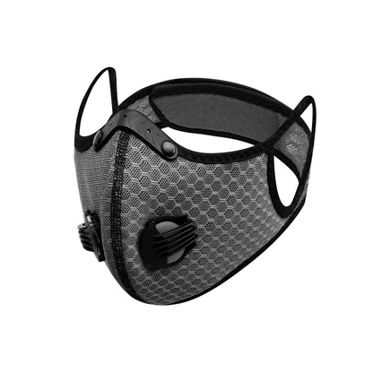 Dark gray mesh cycling mask with honeycomb weave and two black air valves on the front
