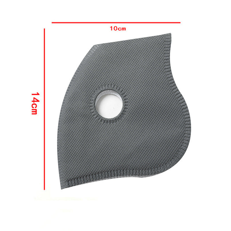 Gray activated carbon filter pad measuring 10cm by 14cm with a round valve opening in the center