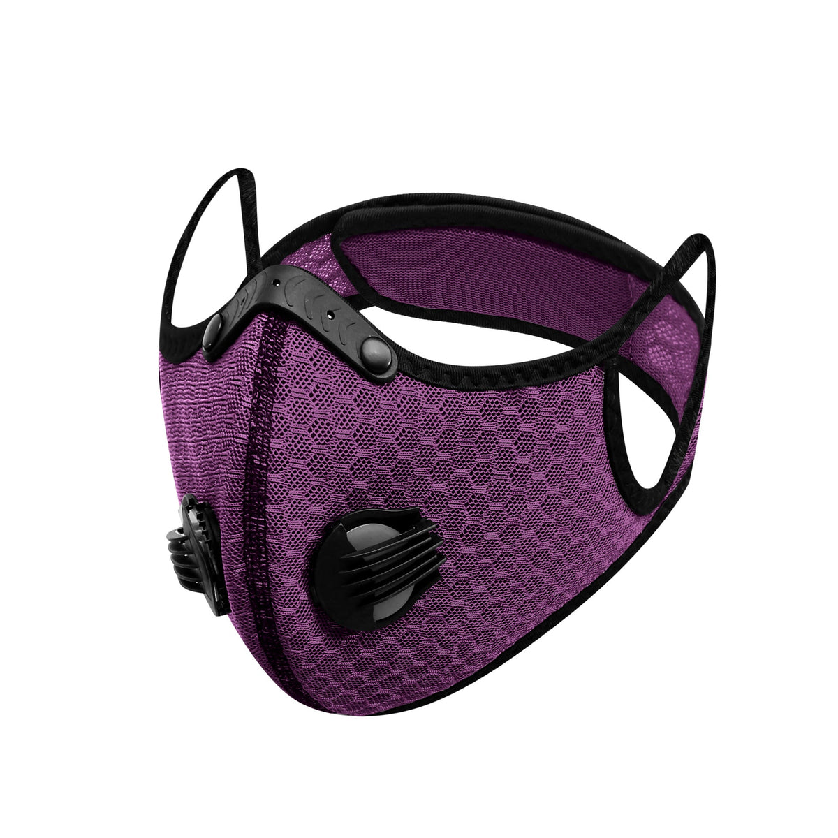Purple mesh cycling mask with black trim, black nose bridge and two black air valves