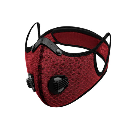 Deep red mesh cycling mask with black binding around the edges and black air valves