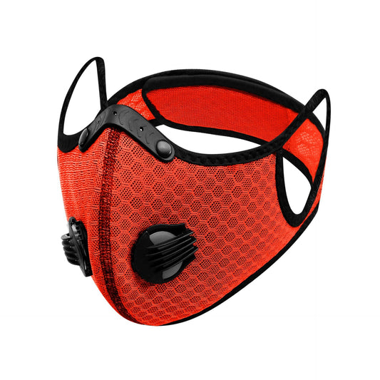 Bright red mesh cycling mask with a honeycomb texture, black nose bridge and two black air valves