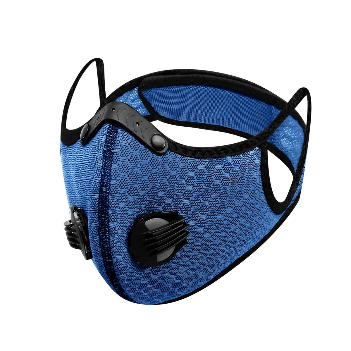 Royal blue mesh cycling mask with black trim, press-stud nose bridge and two black air valves