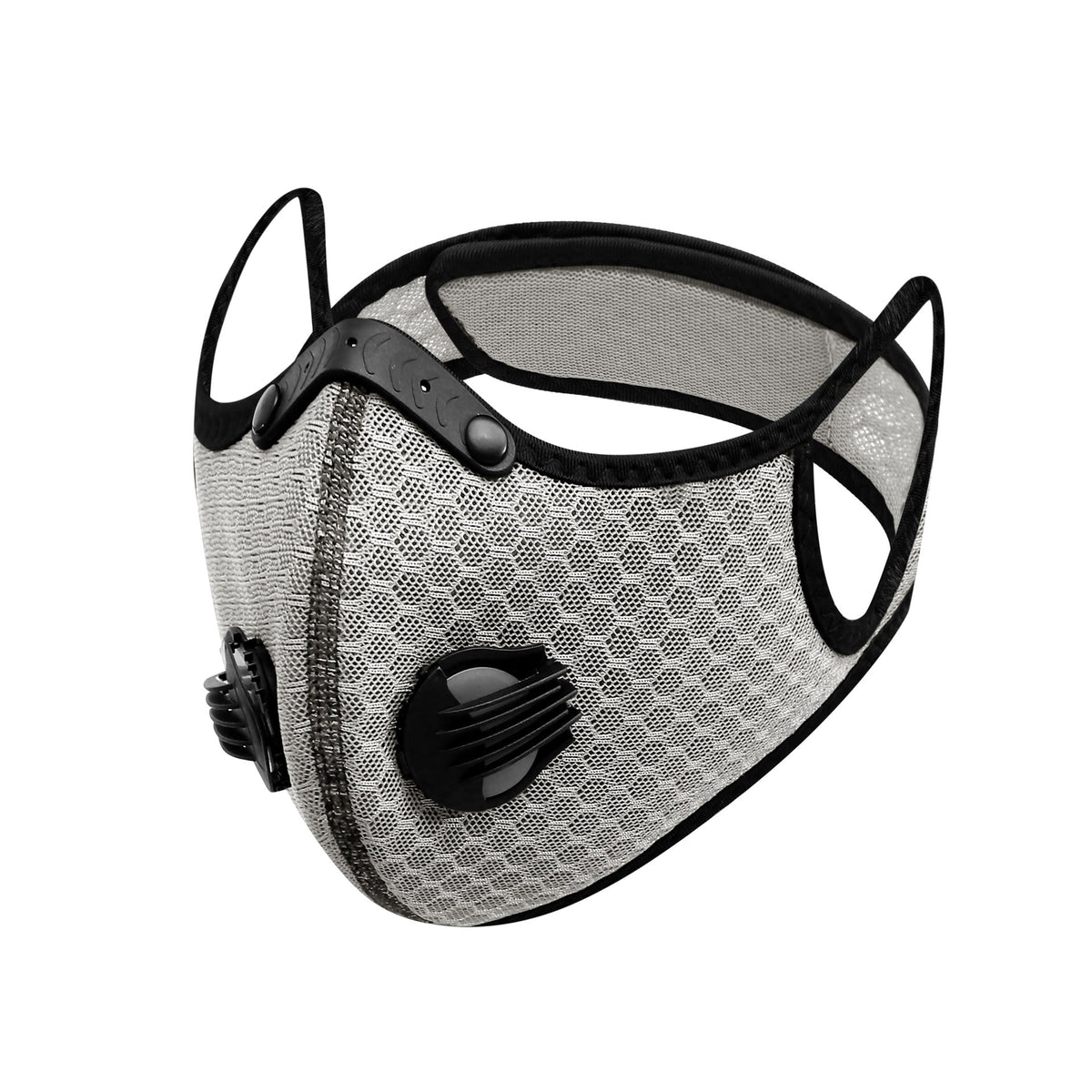 Silver gray mesh cycling mask with black edging and dual black air valves on the front