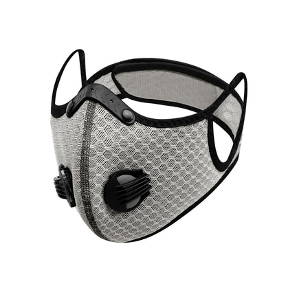 Silver gray mesh cycling mask with black edging and dual black air valves on the front