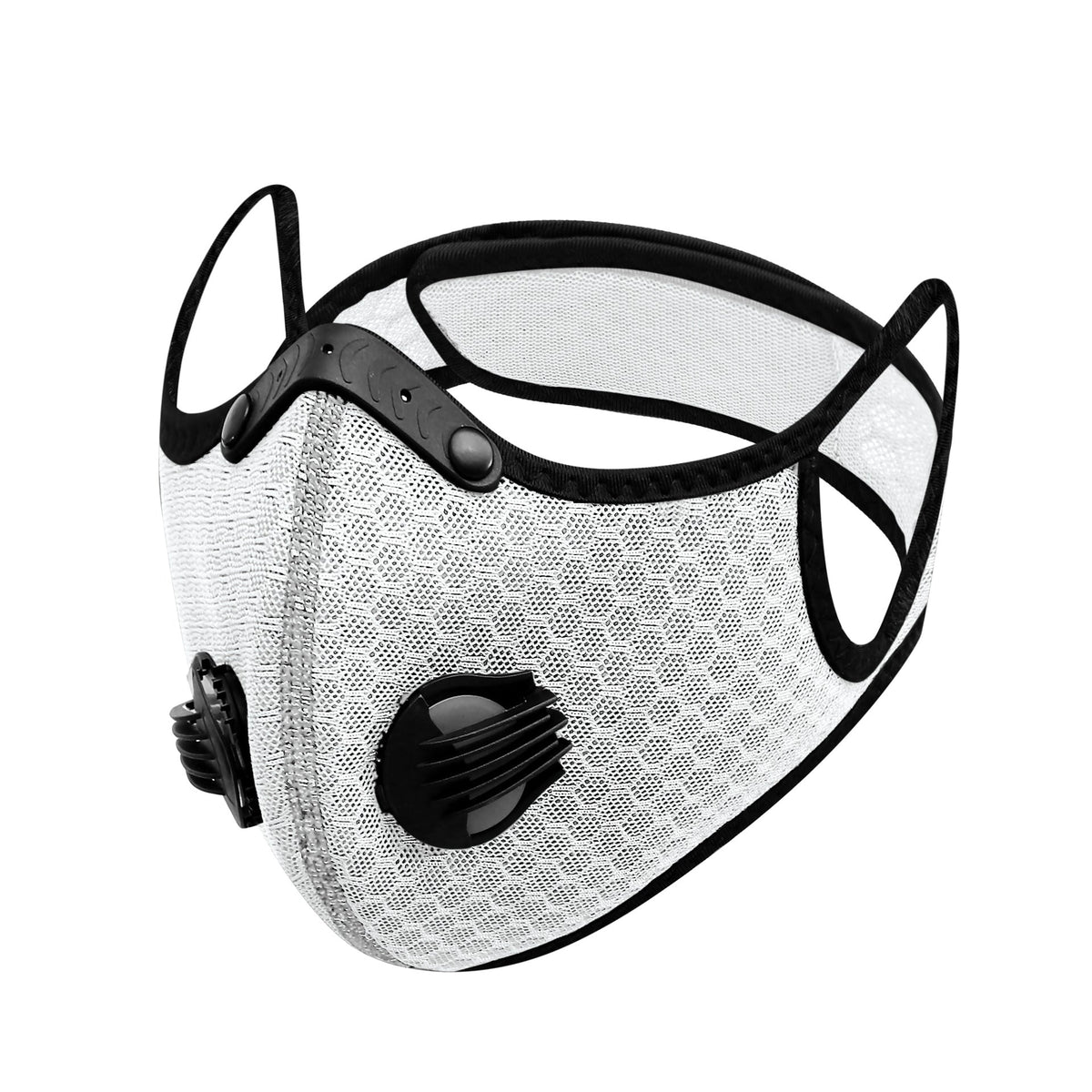 White mesh cycling mask with black edging, black nose bridge and two black air valves