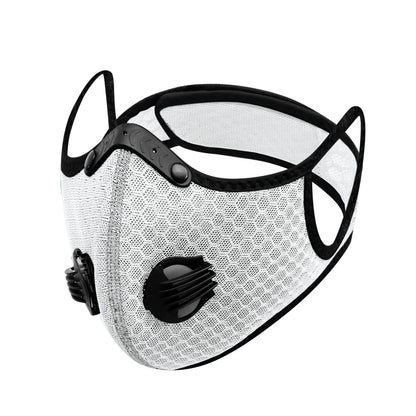 White mesh cycling mask with black edging, black nose bridge and two black air valves