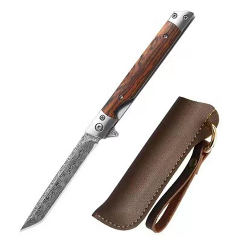 Open folding knife with a Damascus-pattern angular-tip blade and striped wood handle beside a brown leather sheath with brass ring, on a white background