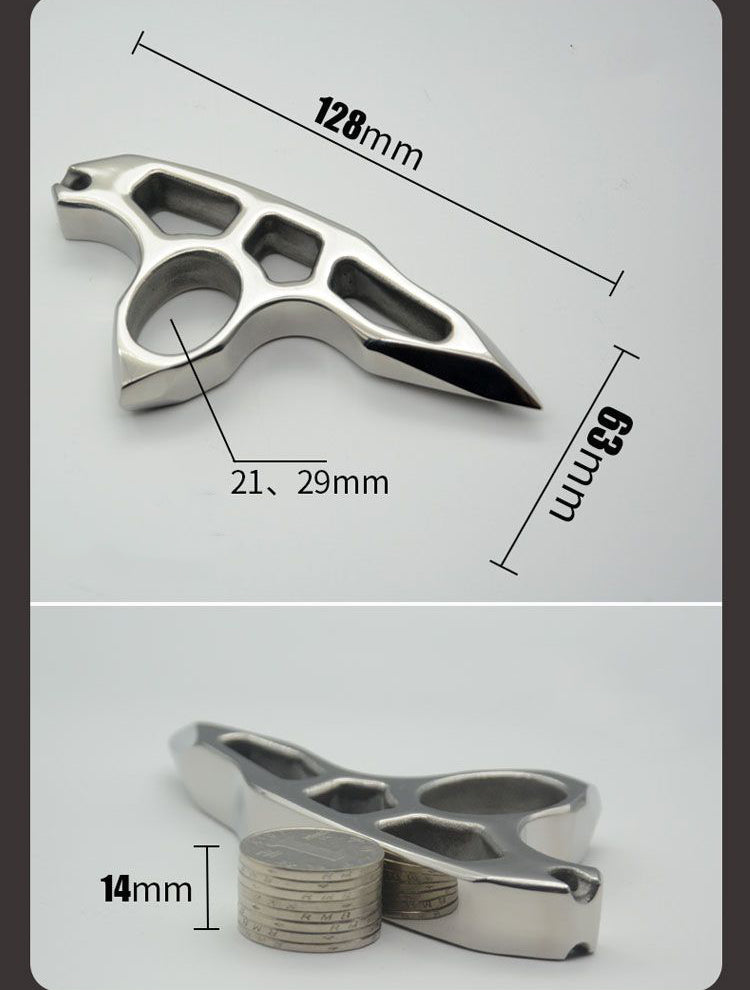 Dimension diagram marking 128mm overall length, 63mm height, 21×29mm finger hole and 14mm thickness beside a coin stack