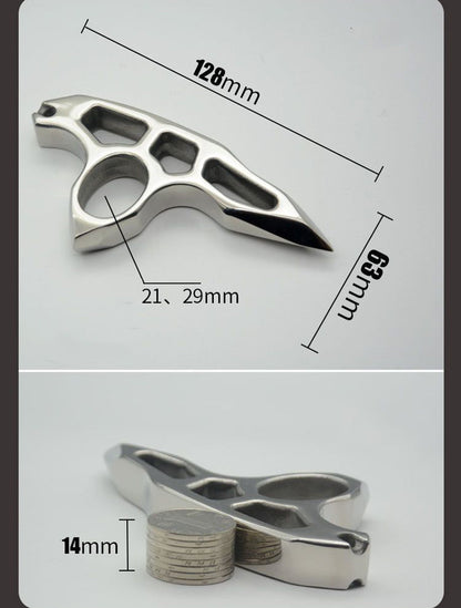Dimension diagram marking 128mm overall length, 63mm height, 21×29mm finger hole and 14mm thickness beside a coin stack