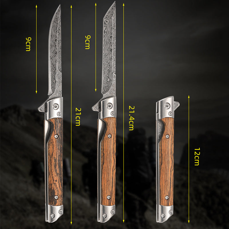 Dimension diagram showing the folding knife open with a 9cm blade at 21cm and 21.4cm overall and closed at 12cm, marked with yellow measurement arrows on a dark background