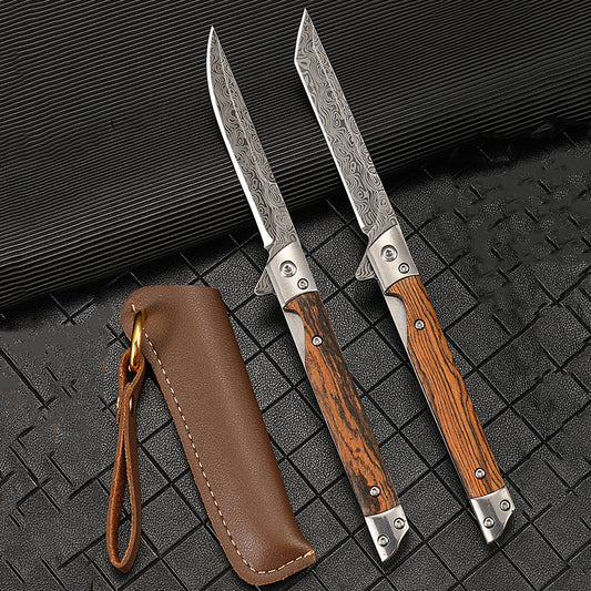 Wood Handle Folding Damascus Pattern Pocket Knife