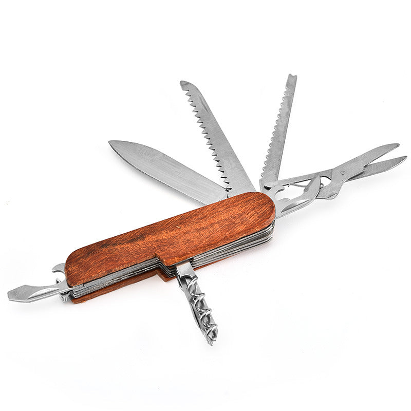 Folding multi-tool open with the corkscrew pointing down and saw blades fanned above the wood-grain handle