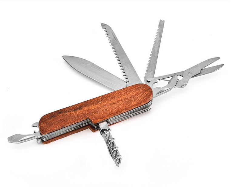 Two folding multi-tool knives lying closed side by side with dark reddish-brown and light natural wood-grain handles