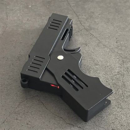 Unfolded stun gun angled view with the silver hinge pin, trigger and red indicator light near the frame
