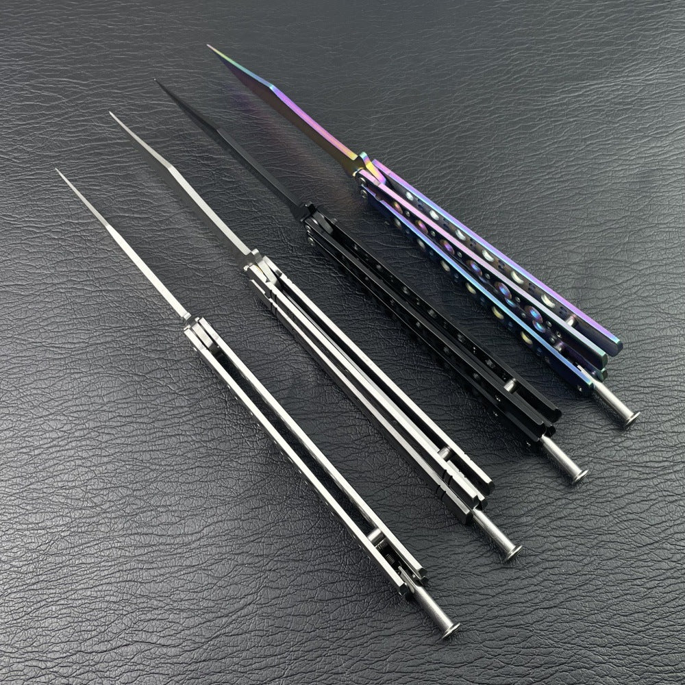 Four folded unsharpened butterfly trainers stacked side by side