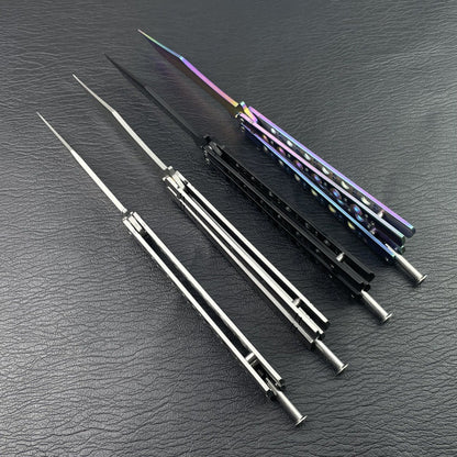 Four folded unsharpened butterfly trainers stacked side by side