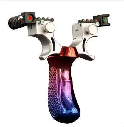 Slingshot with a red to blue gradient handle on white, laser module and green bubble level on the fork arms
