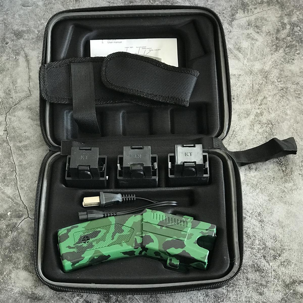 Green camouflage stun gun set in the black zippered case with three launcher cartridges, charger cable, nylon holster and user manual