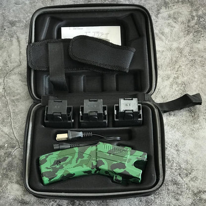 Green camouflage stun gun set in the black zippered case with three launcher cartridges, charger cable, nylon holster and user manual