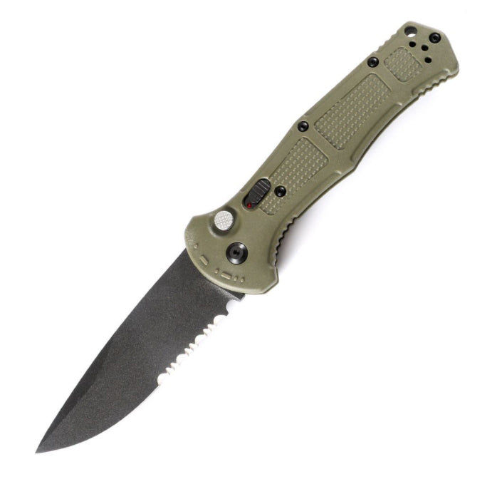 Green nylon fiber handle folder with a partially serrated drop-point blade