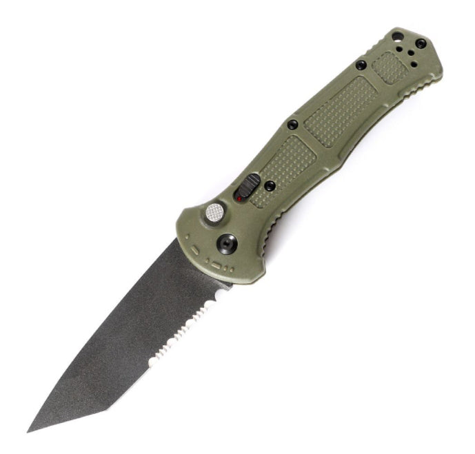 Green folder open showing a tanto blade with a serrated section