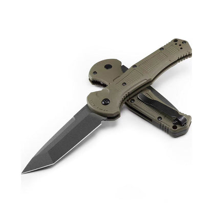 Two green tanto-style folders crossed with coated blades