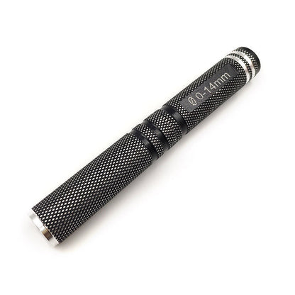 Side view of the black knurled handle barrel with grooved silver end cap and exposed metal rim at the open end.