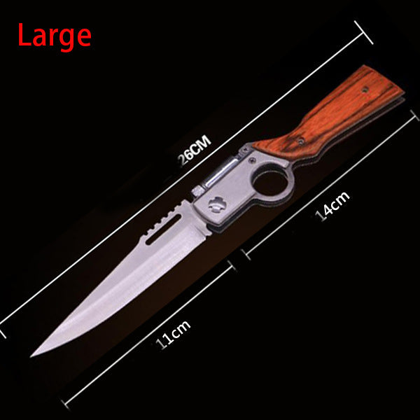 Large folding knife with dimension lines showing 26 cm overall, 11 cm blade and 14 cm handle