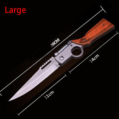 Large folding knife with dimension lines showing 26 cm overall, 11 cm blade and 14 cm handle