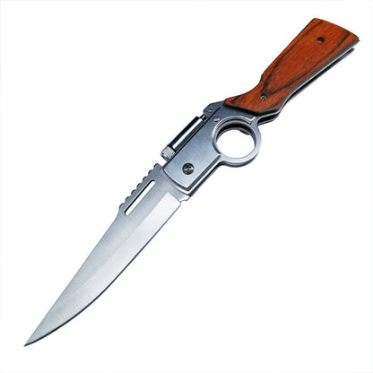 Single large wood-handle folding knife open on a clean white background