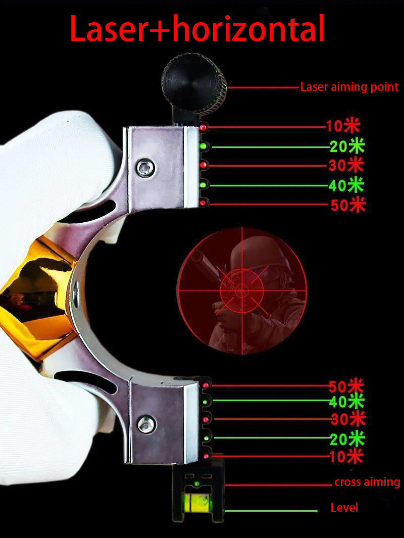 Close view of the fork arms with the laser module on top and the bubble level below, held in a gloved hand