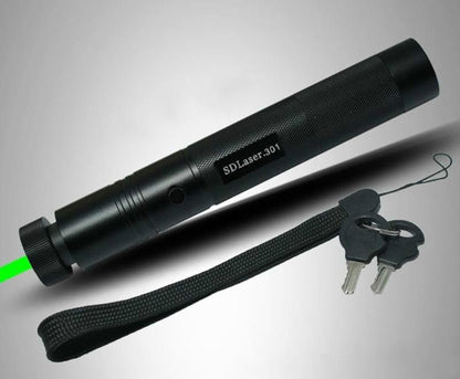 Black laser pen angled forward with a green beam at the front and a wrist strap with keys alongside