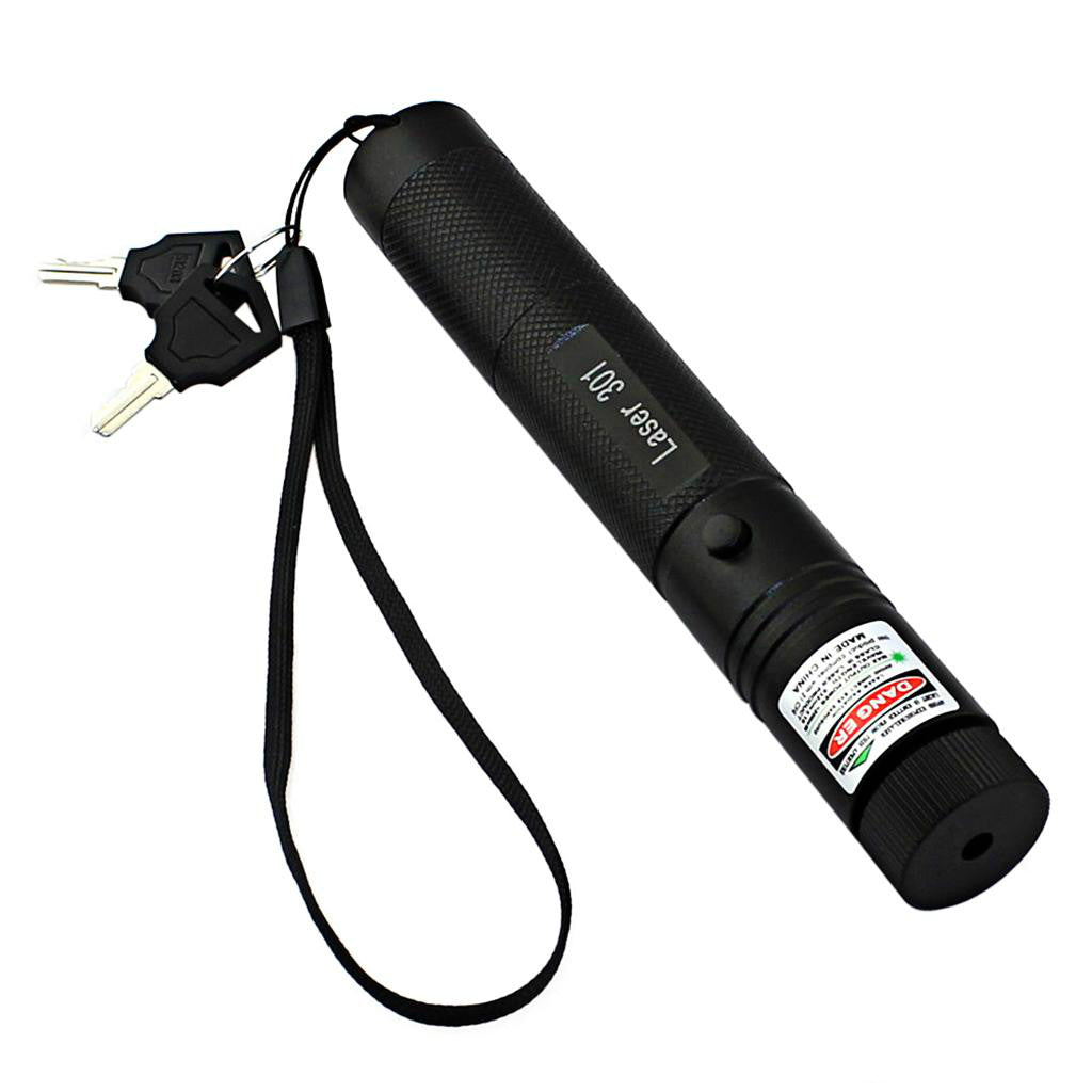 Black laser pointer pen on a white background with keys and a wrist strap attached